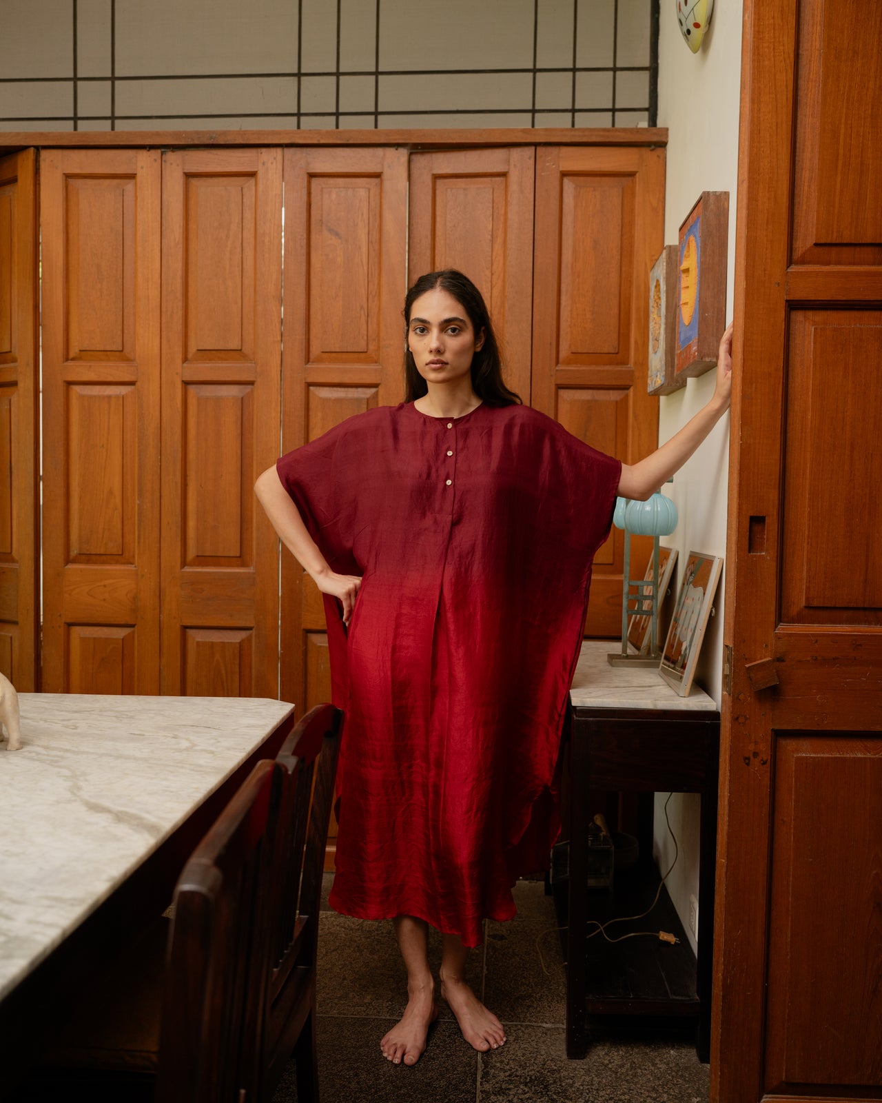 Pleated Kaftan - Crimson Red Ombre