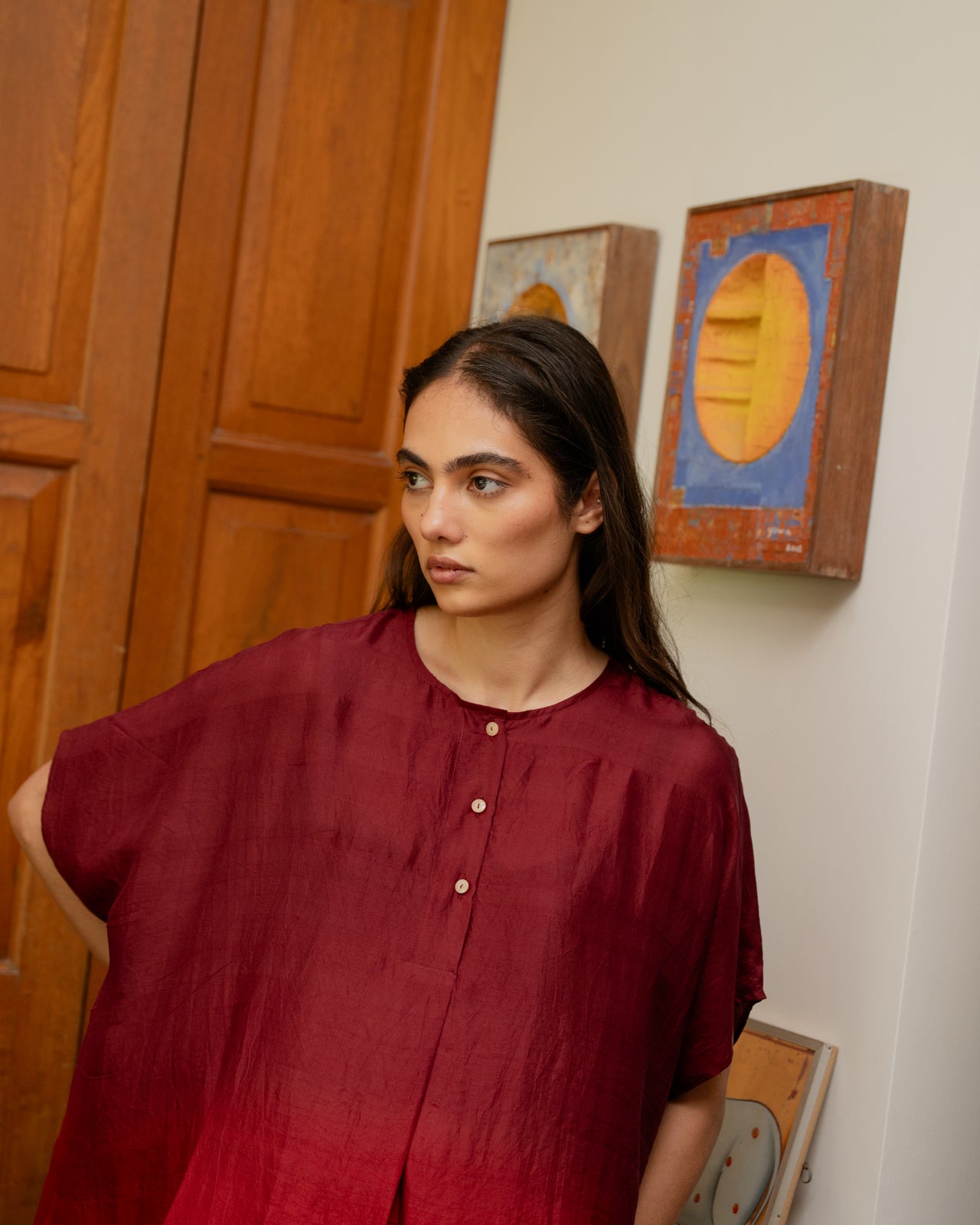 Pleated Kaftan - Crimson Red Ombre
