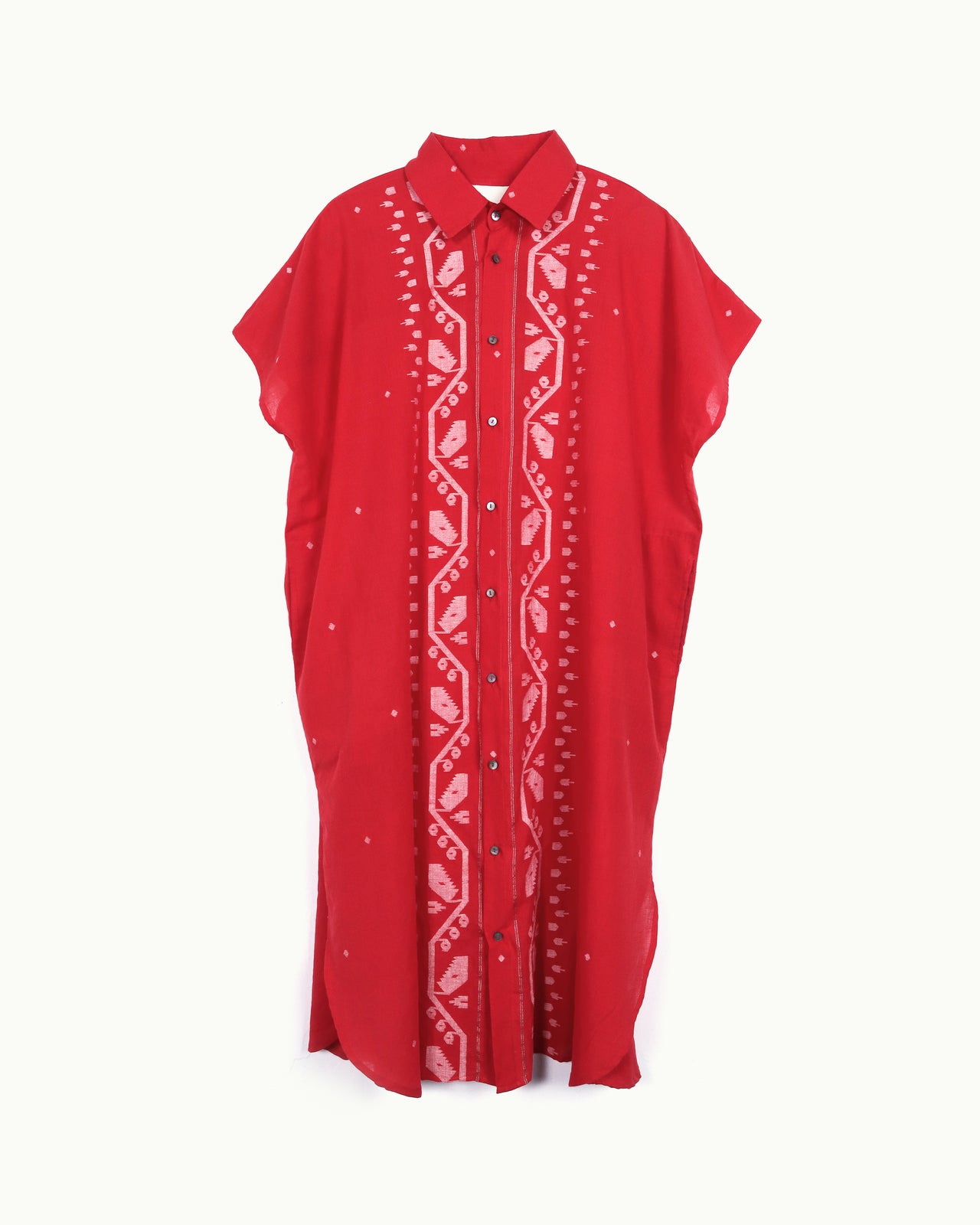 Handwoven Jamdani Kaftan Shirt Dress-Red